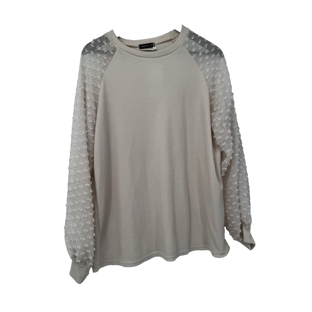 Cream Waffle Knit Top Swiss Dot Sheer Puff Sleeve Cozy Cottagecore Soft Girl